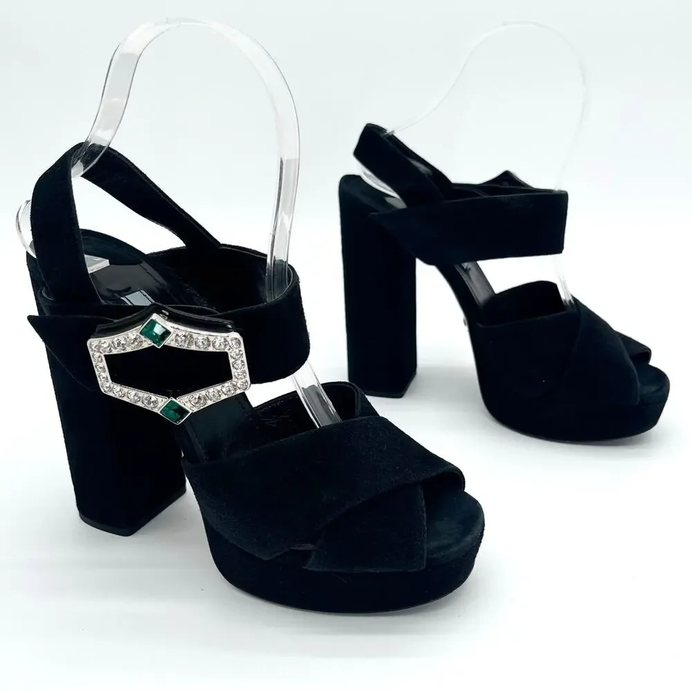 Prada Black Suede Crystal Chunky Criss Cross Block Heel Platform Sandals IT 37.5